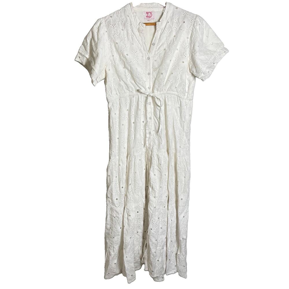 Victoria Dunn 100% Cotton White Eyelet Maxi Dress Cinched Waist Size XL